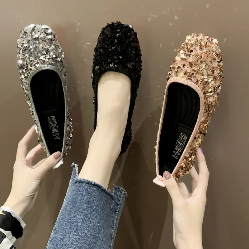 Women\'s Shoes Spring Autumn Casual Shallow Mouth Set of Ballet Flat Fashion Designer Shoe Luxury Sequins Loafers Non-slip Female