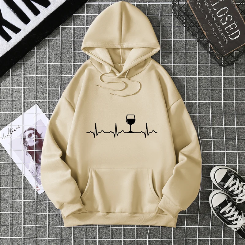 Vinho batimento cardíaco impressão moletom com capuz feminino manga longa o pescoço solto hoodies 2025 senhoras pullovers bolso quente jaqueta com capuz