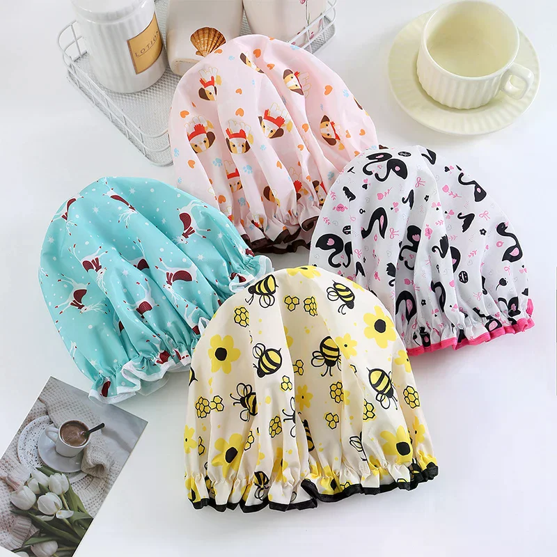 زهرة نمط طبقة مزدوجة قبعة الدش مقاوم للماء قابلة لإعادة الاستخدام مطبوعة حمام الشعر بونيه للنساء السيدات سبا صالون الاستخدام المنزلي السفر #3