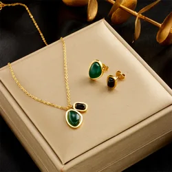 2024 Vintage Irregular Malachite Stone Pendant Necklace Earrings for Women Gift High Quality Stainless Steel Jewelry Set Party