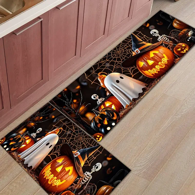 VIKAMA 1/2PCS Halloween Horror Pumpkin Ghost Skeleton Dead Branch Spider Web Floor Mat Kitchen Dining Carpet Home Decoration