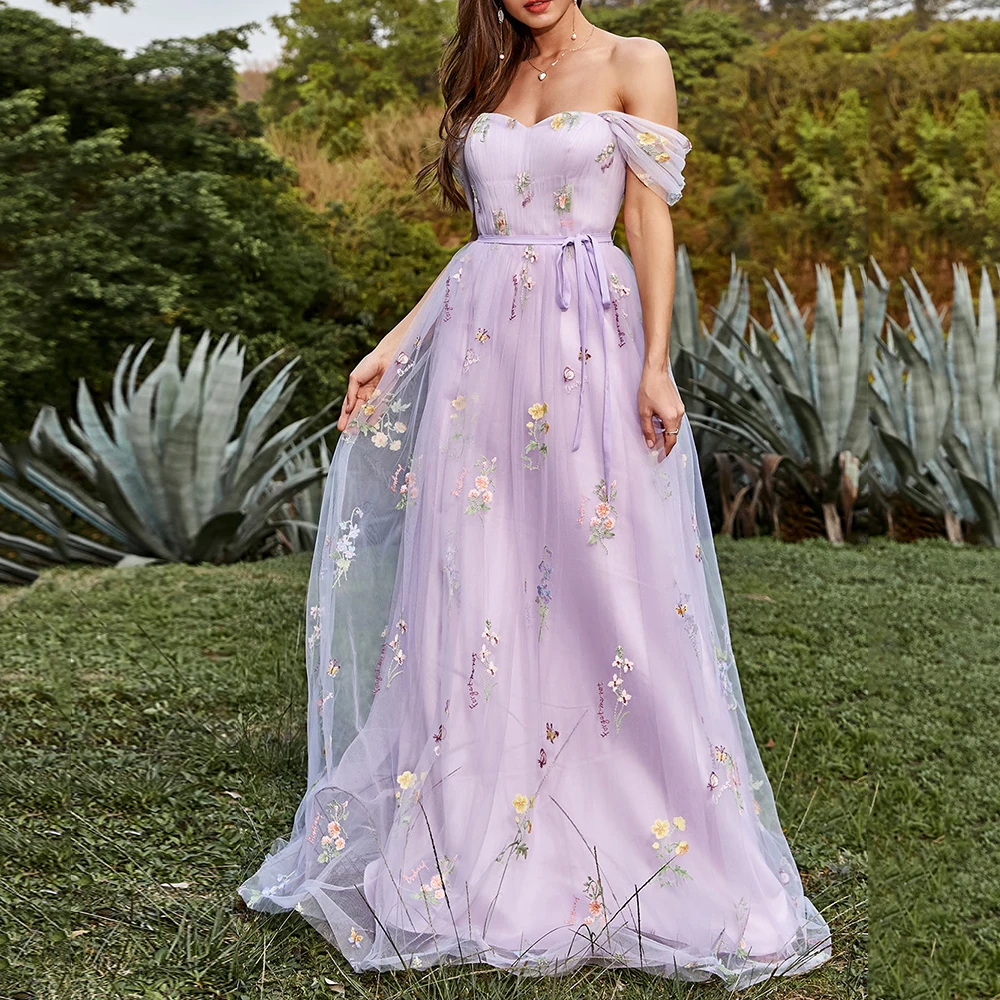 Abiti da sera alla lavanda Sweetheart a-line Lace Appliques Off The Shoulder Prom Gown Backless Long elegante Party Dress muslimbow