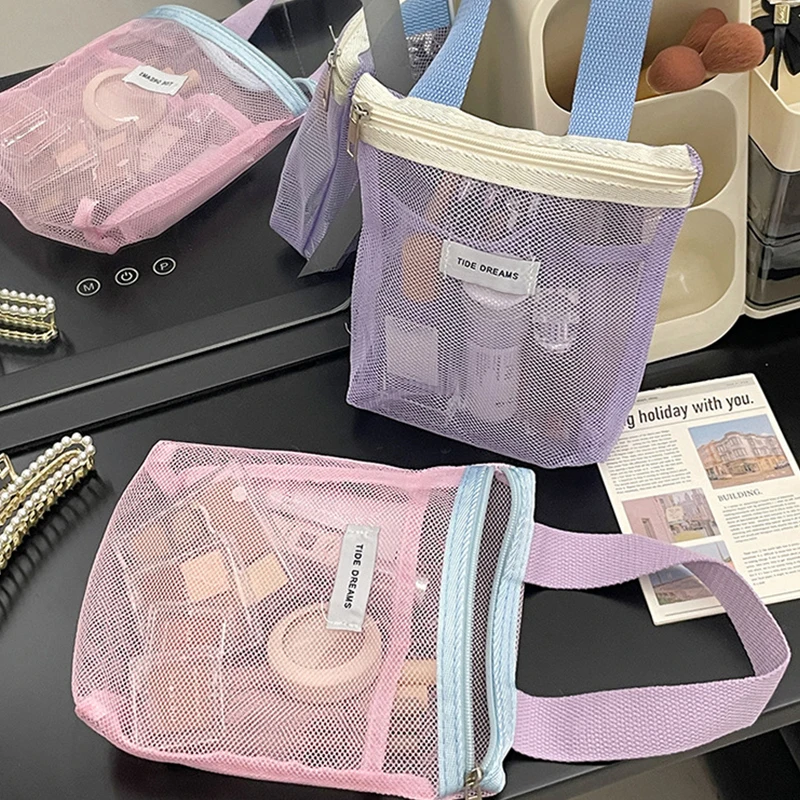 Bolsa de almacenamiento de artículos de tocador de maquillaje de malla portátil, organizador de viaje, bolsa de cosméticos para ducha y herramientas de lavado corporal, 1 ud.