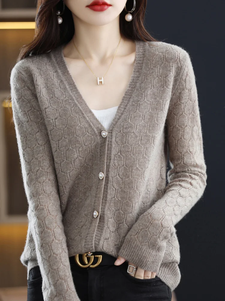 Spring Autumn Women V-neck Cardigan 100% Merino Wool Hollow Solid Long Sleeve Cashmere Sweater New Fashion Female Clothing Top