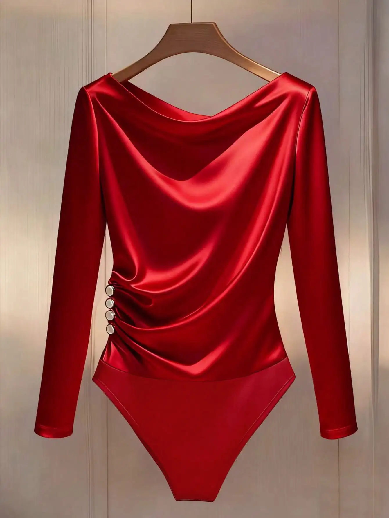 Franclia Women's Minimalist Long Sleeve Side Button Decor Slim Bodysuit For Commuting