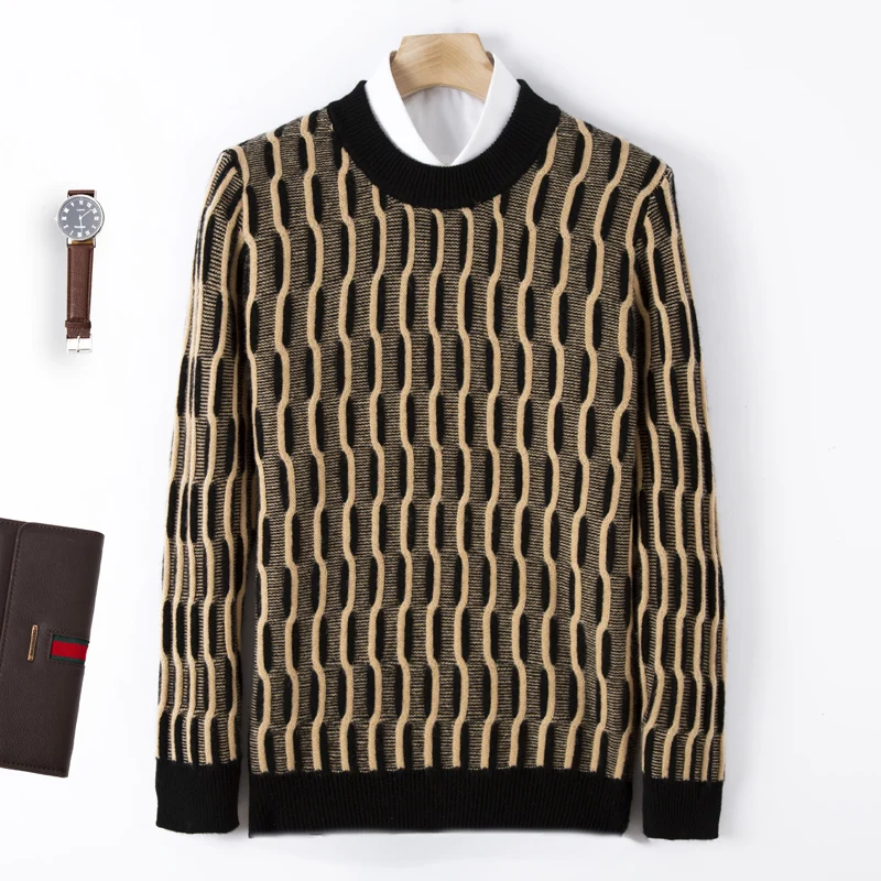 Autumn And Winter New 100% Pure Wool Men's Padded Round Neck Sweater Plaid Jacquard Men's Contrast Knitted Bottoming Shirt