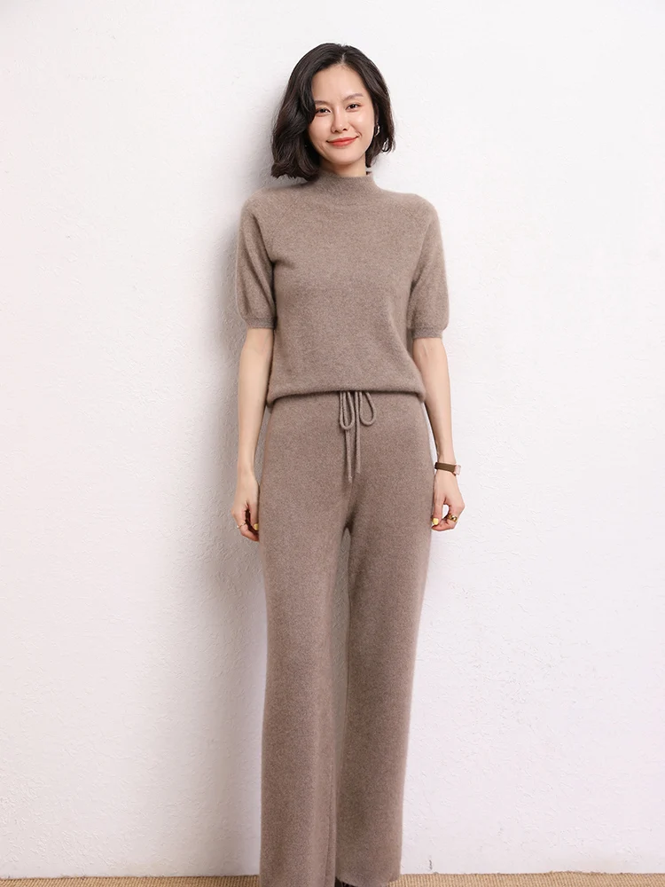 

Высококачественный женский кашемировый пуловер, свитера на весну и осень, футболка с короткими рукавами и воротником-стойкой, офисный женский трикотаж из 100% кашемира