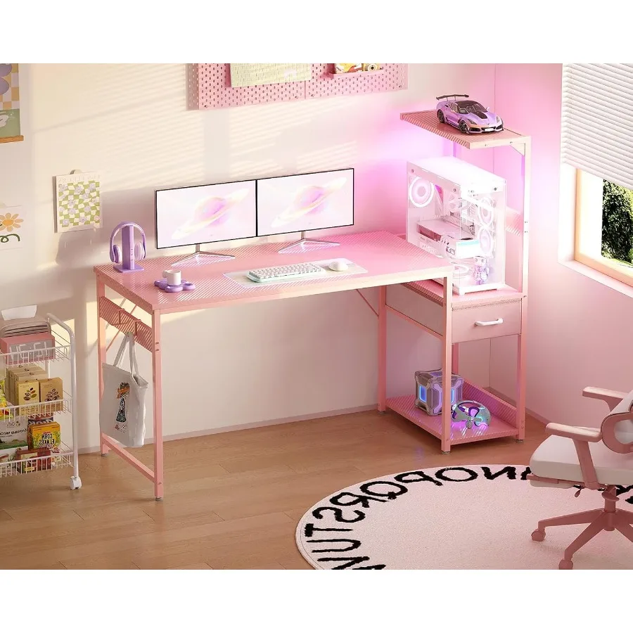 54 Inch Gaming Desk with Integrated Storage and LED Lighting for Enhanced Work and Play Reversible Design with Display Shelves