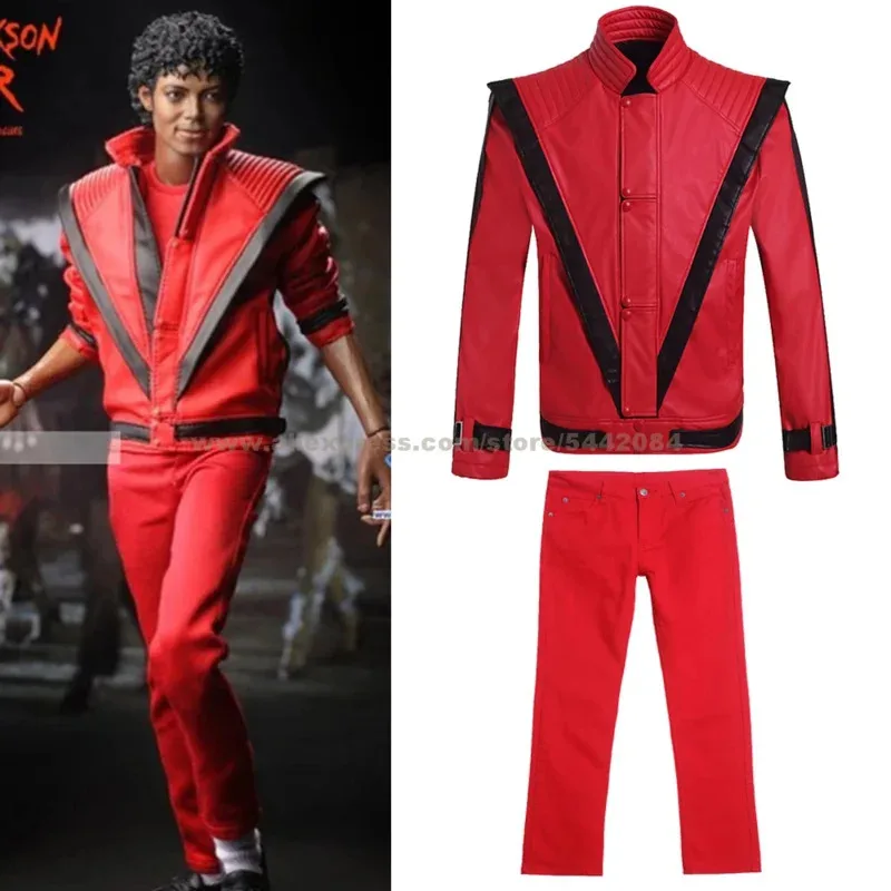 

MJ Michael Jackson Coat Jacket Thriller Red Retro Leather Coat MTV Pants Collection Outwear Party Imitation Costume Cosplay