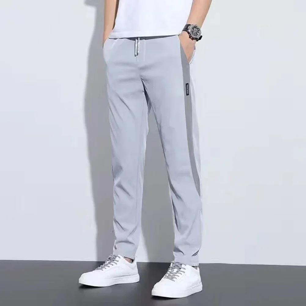 Mens Summer Ice Silk Loose Contrast Casual Pencil Draping Straight Pants Sports Quick Dry Thin Trousers Versatile Men's Pants