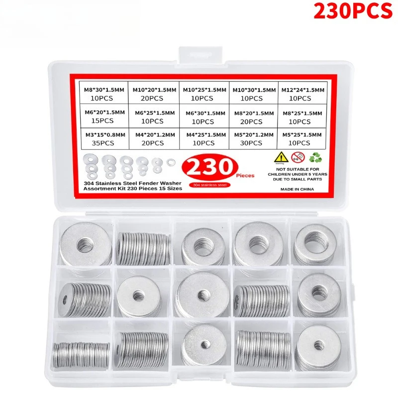 

230pcs 304 Stainless Steel Fender Washers Large Flat Washers Set ( M3 M4 M5 M6 M8 M10 M12),Plain spacer Gaskets for Screws Bolts