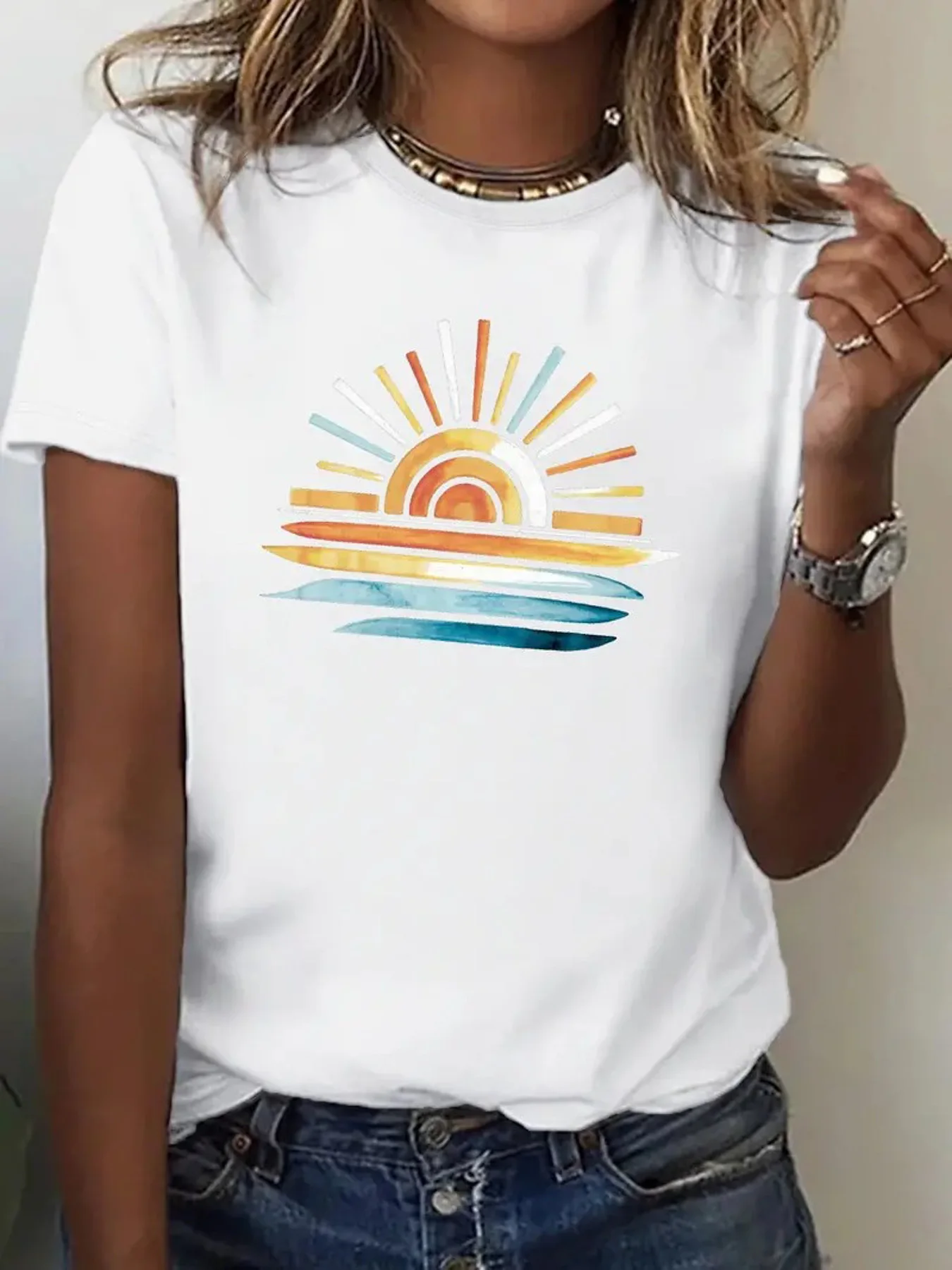 Sunset Water Surface Pure Women'S T-shirt Short Sleeve Round Neck Casual Top Comfortable Casual Short Sleeve