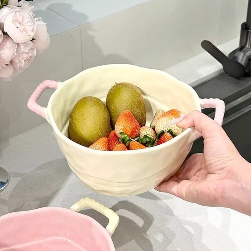 Cute Double-Eared Cerc Soup Bowl for Home Use Instant Noodles Bowl Spicy Hot Pot Bowl Fruit Bowl Yogurt Bowl Girls A-AD23