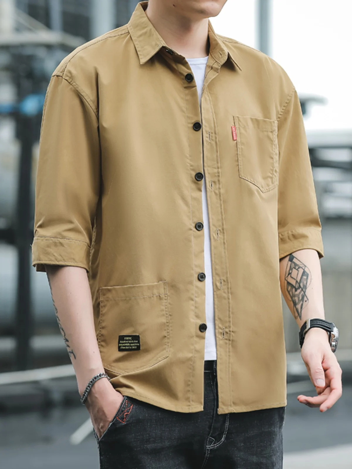 

Loose Fit ort Sve irt Thin Seven Sve Workwear Men's Summer Outerwear Youth Faion Printed Color Woven Polyester