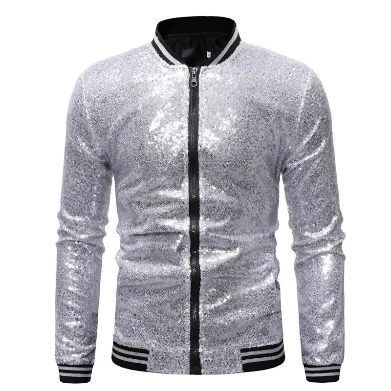 Men's Shiny Sequins Bomber Jacket Luxury Fashion Streetwear Harajuku Hip Hop Jacket Zipper Disco Singer Stage Costume Outfits