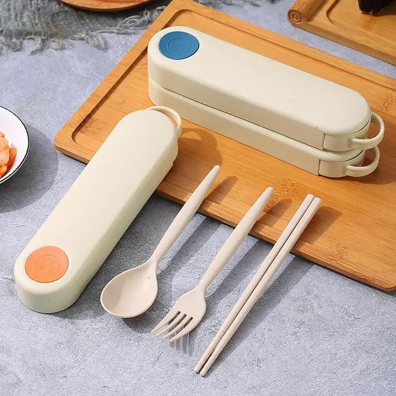 Portable Bamboo Fiber Tableware Set Storage Light Set Of Three Chopsticks Fork Spoon Students Office Use Outdoor Camping Picnic