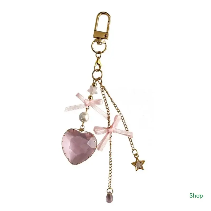 Dropship Elegant Heart shaped Diamond Keychain Beautiful Heart Keychain Charm Elegant Bowknot Keyrings for Fashion Enthusiasts