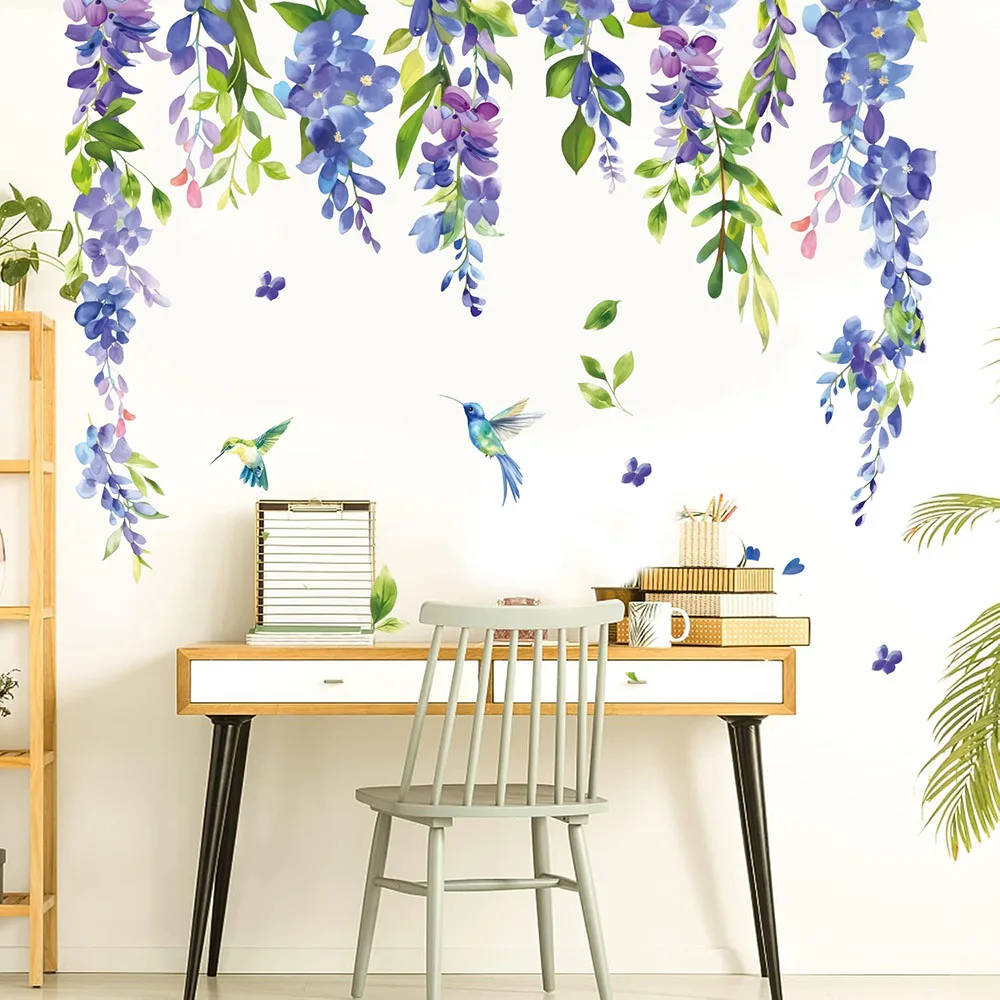 Purple Flower Wisteria Bird Wall Stickers Clings Hummingbird Hanging Vine Floral Wall Decals Bedroom Kitchen Home Decor
