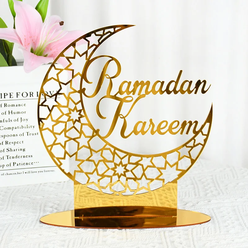 Eid Mubarak Gold Silver Acrylic Ornament Hollow Out Moon Ramadan Decoration for Home Islamic Muslim Party Decor Kareem Eid Gifts