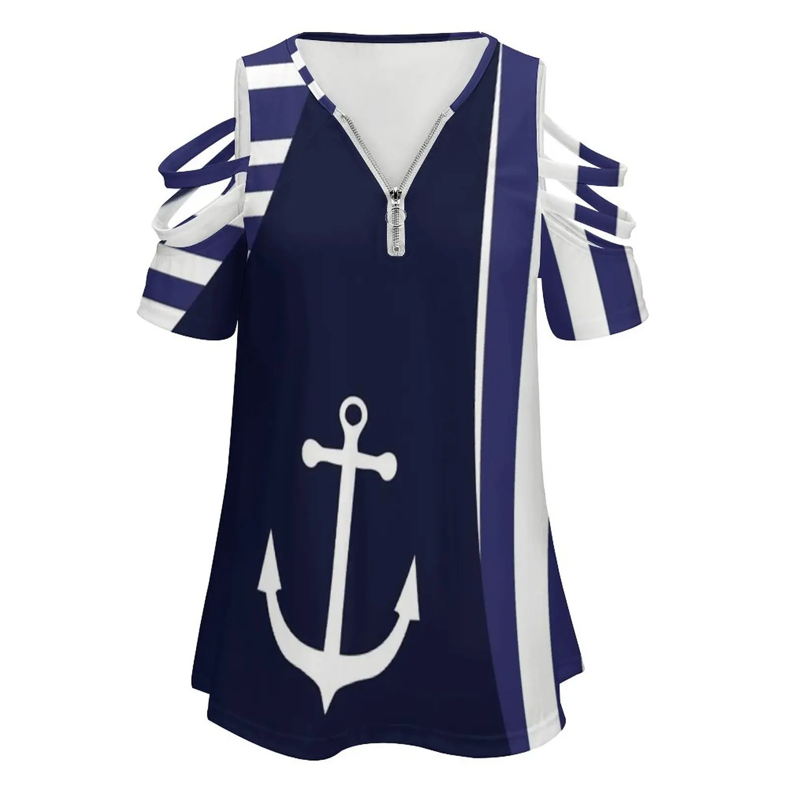 Sailor Stripes With Anchor Women\'S T-Shirt Summer Fashion Print Floral V-Neck Zipper Tshirt Hollow Pullover Ladies Top Sailor