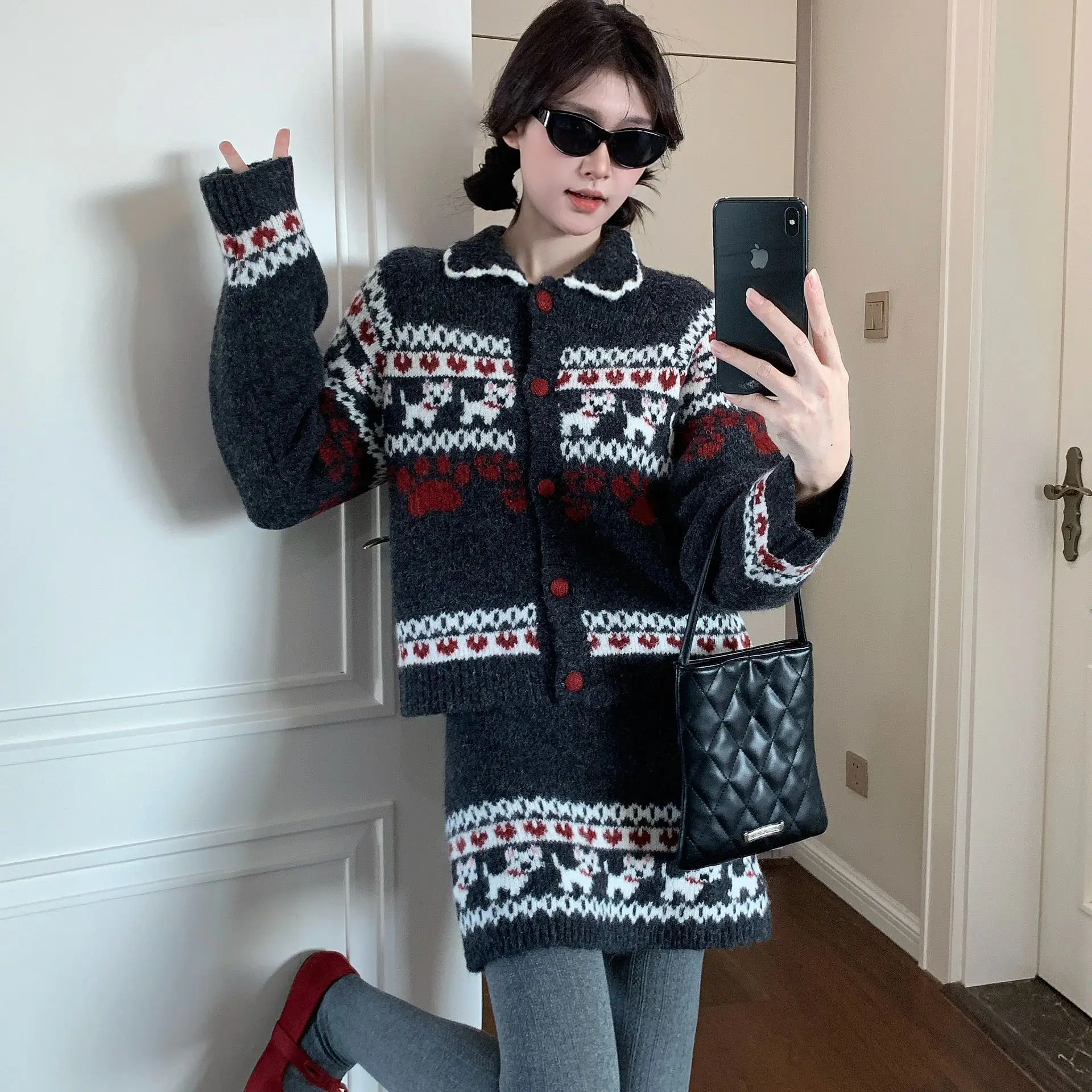 

Knitted Suit Women 2025 Fashion Vintage Sping Autumn Cardigan Sweater Coat Short Skirt Ladies Two Piece Set Outfits