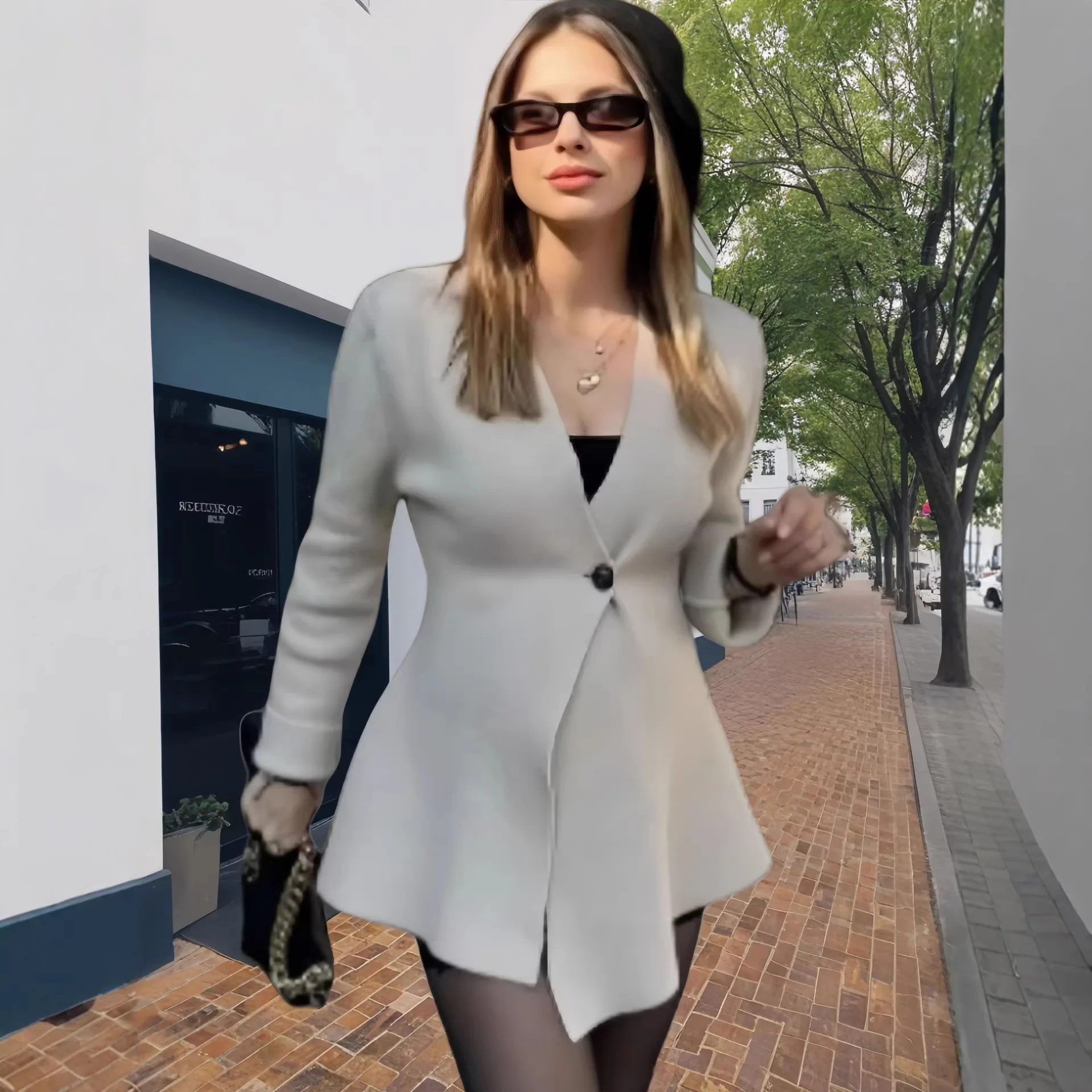 2026 New Women's Fashion Elegant Knitted White Waist Cincher Button Blazer Dress Long Sleeve Elegant Office Dress For Women 86EQ