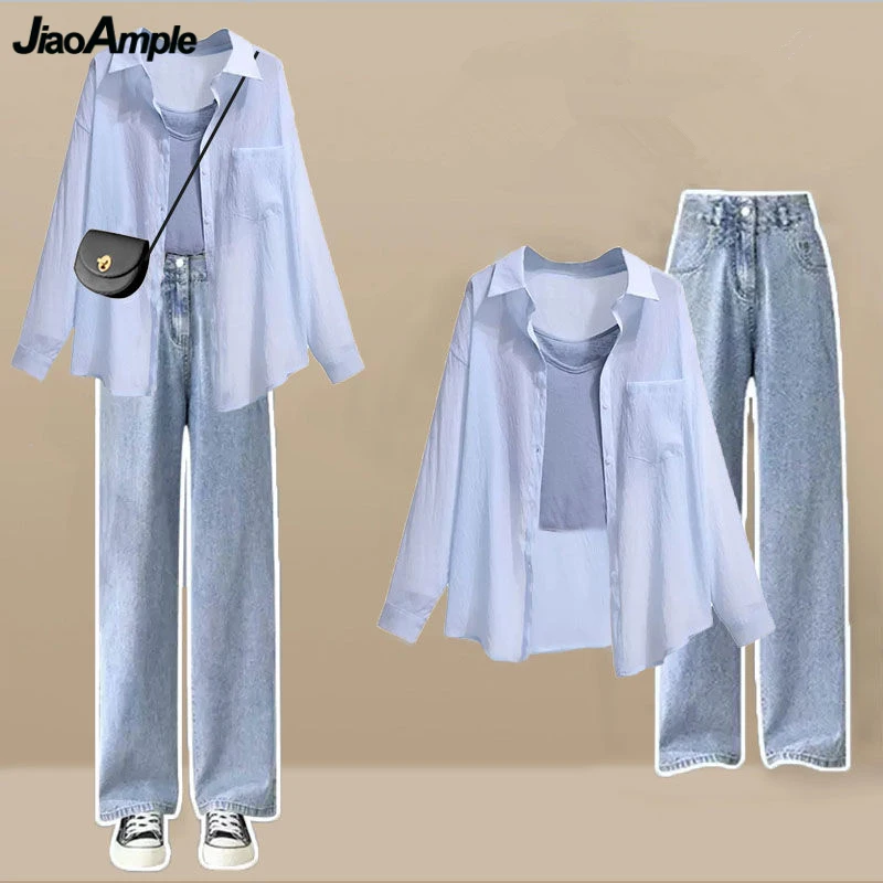 Women Summer Thin Sun Shirts Sing Vest Denim Pants 3 Piece Set Korean Lady Casual Joker Solid Color Blouse Jeans Outfits 2023