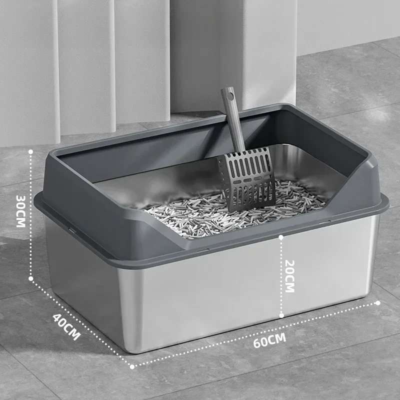 Afbeelding 6: Extra grote roestvrijstalen kattenbak Hoogzijdige geurcontrolebak Gemakkelijk schoon te maken huisdierpan met schep Duurzame Kitty toiletbak