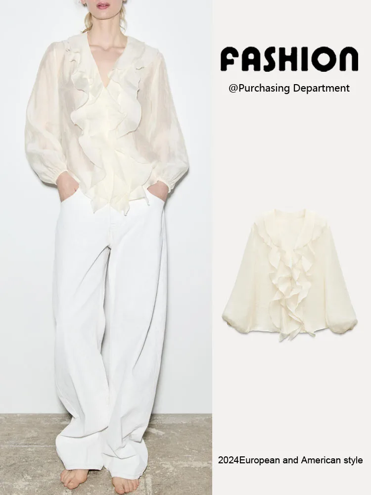 

Spring New Arrival Women's irt Versatile V-ne Layered Decoration Puffy Long Sve Commute Sle Pure Color 2025