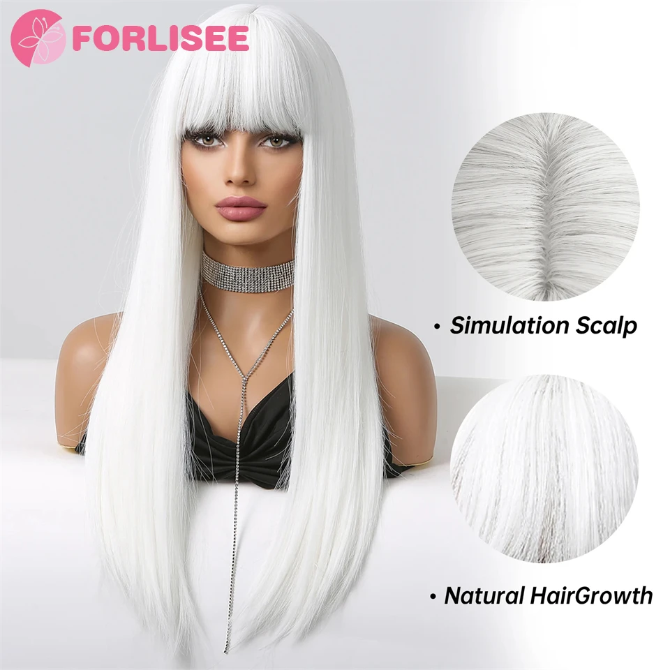 FORLISEE White Wig Women\'s Long Hair Full Head Cover Lolita Japanese Cos Air Bang Long Straight Hair Wig Cover