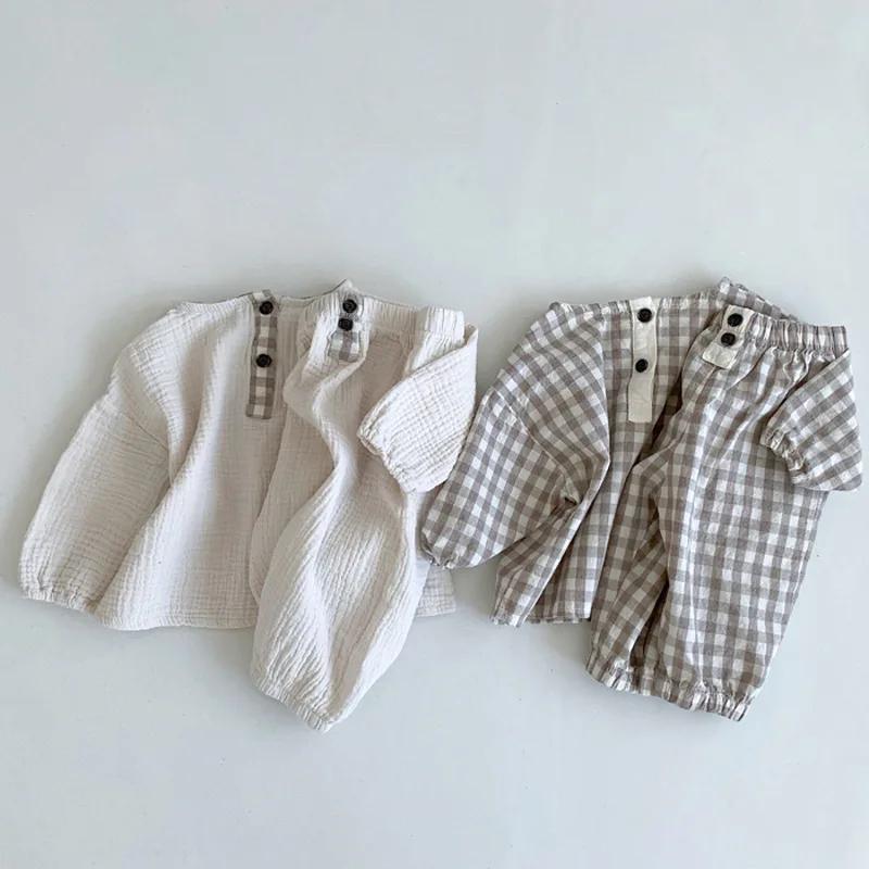 Conjunto de ropa de manga larga para bebé, Tops + Pantalones bonitos de dibujos animados, traje de 2 uds., trajes a cuadros de algodón para niño pequeño, otoño 2025