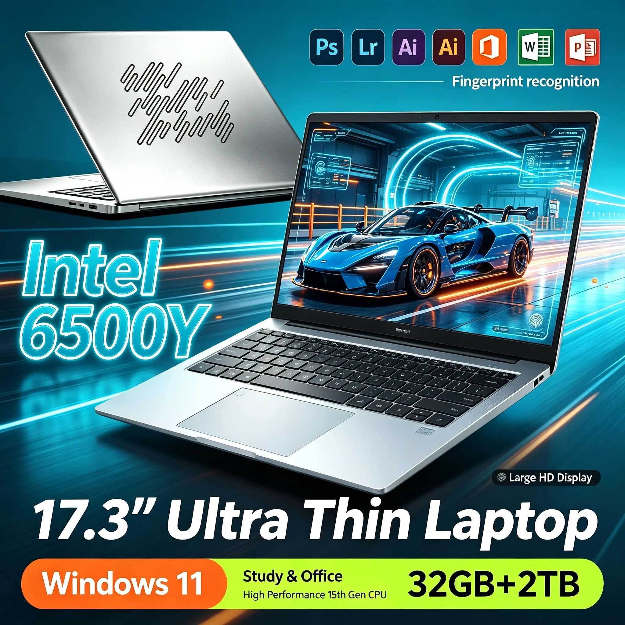New 17.3'' Inch Notebook PC Big Display Intel 6500Y 32GB RAM 2TB SSD Win11 WiFi6 BT5.2 Portable Laptop For Work & Home Study Use