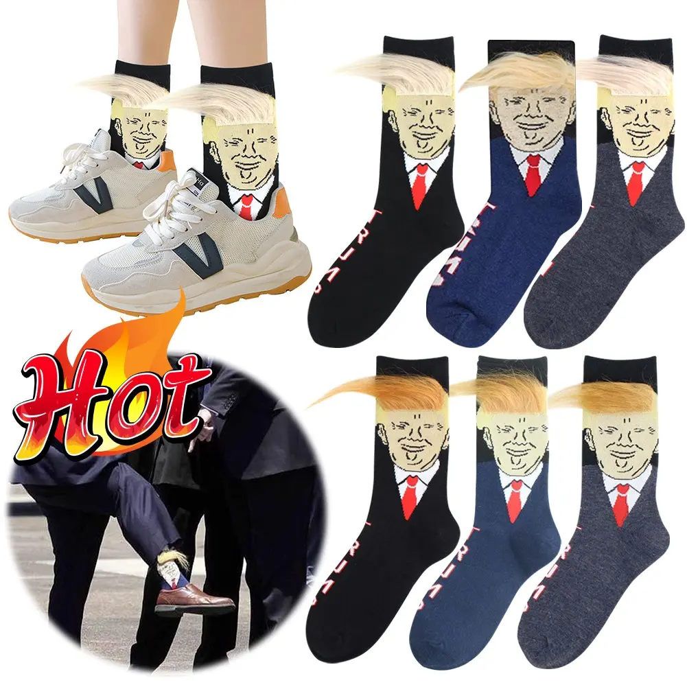 Funny President Donald Trump Face Socks 3D Fake Hair Socks Mens Personality Hip Hop Harajuku Streetwear Skateboard Funny Sock