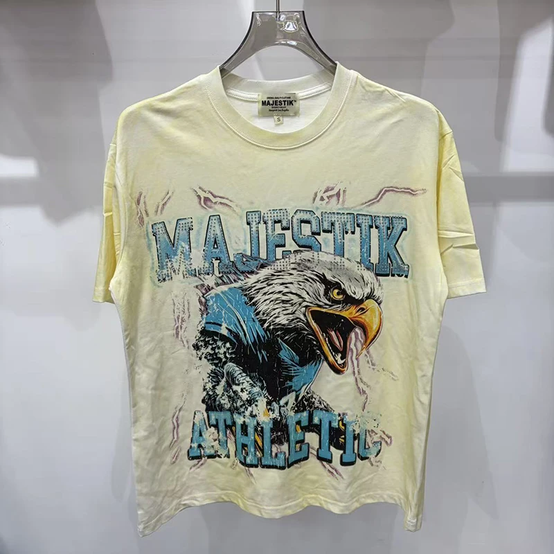 2026 Fashion New MAJESTIK Men's T-shirt Washed Distressed with Rhinestone Eagle Print Short-sleeved Casual Loose Fitting Top