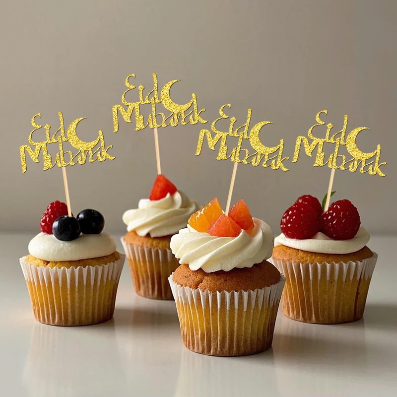 YOMDID 24 Stück Glitzer-Eid-Kuchenaufsätze, Glitzer-Eid-Mubarak mit Mond-Cupcake-Aufsätzen für Islam-Party-Dekorationen, Kuchendekorationen