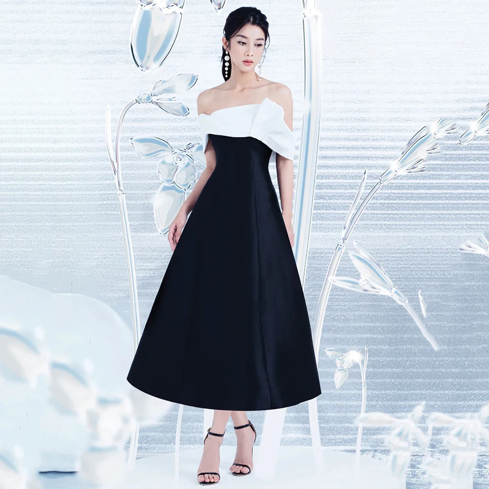 

Customized Off the Shoulder Contrast Color Evening Dress Sleeveless A-line Satin Party Dress Backless Ankle Length Prom Gown