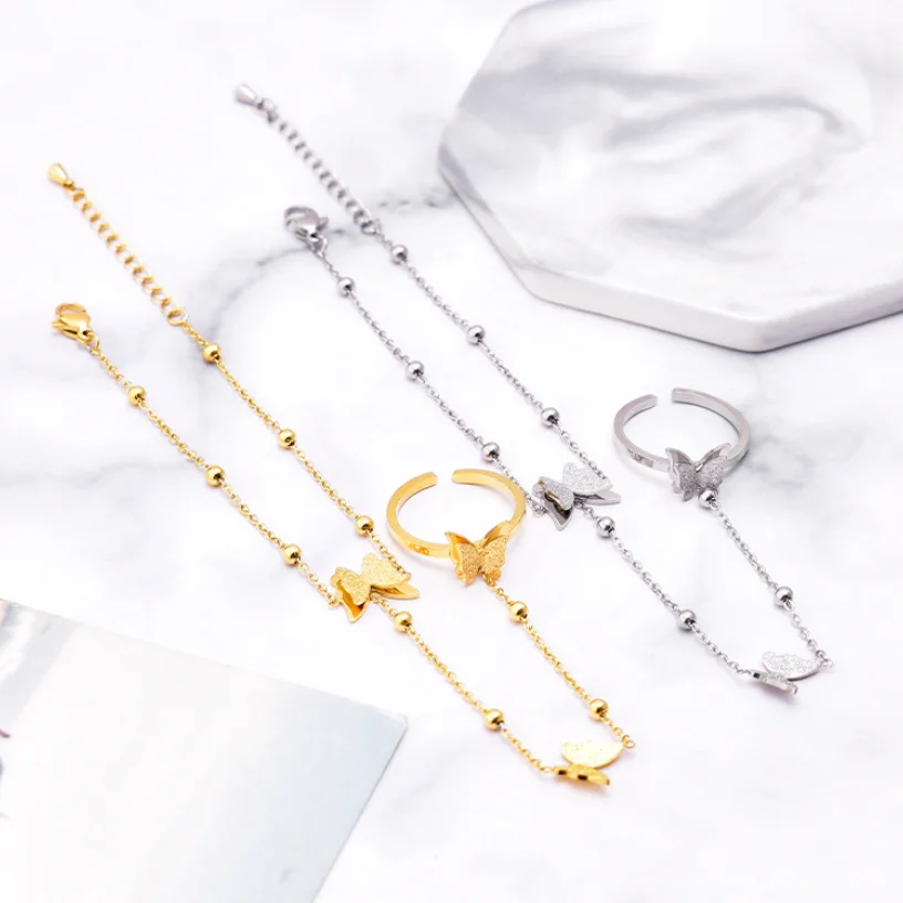 316L Stainless Steel New Fashion Upscale Jewelry Beaded Scrub Butterfly Charm Bracelets Back Chain Ring All In One For Women