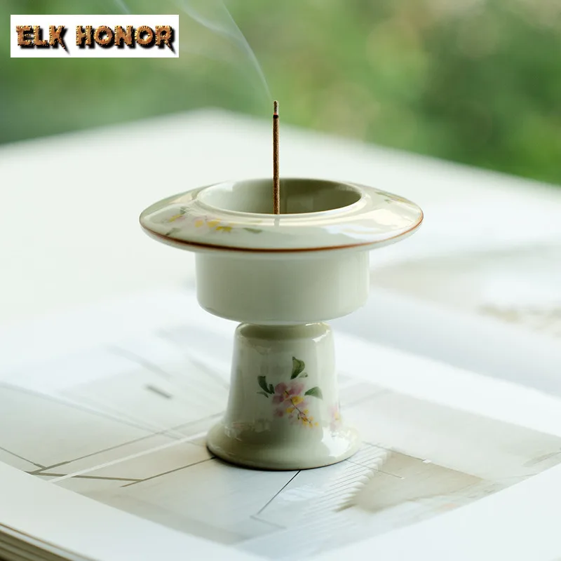 Plant Ash Hand-painted Wisteria Flower High Foot Incense Holder Zen Garden Incense Burners Consecrate Censer Indoor Decoration