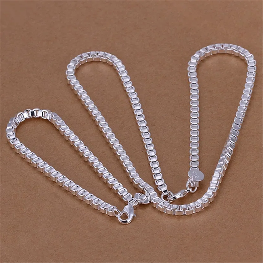 925 sterling Silver Bracelets Necklace SET classic 4MM width box chain Jewelry set for men women Fashion Party wedding Gifts