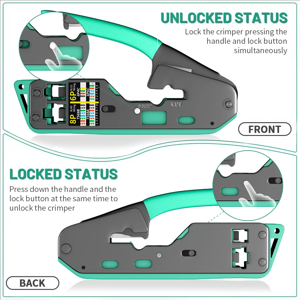 RJ45 Crimp Tool Kit Pass Cat6 Crimping Tool For Cat5 Cat5e Cat6 8P8C Connector, All-in-one Ethernet Crimper view 3