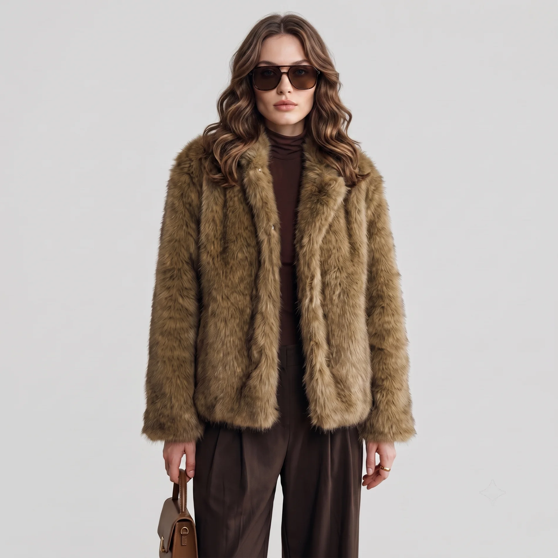 PUAL Women Camel Brown Faux Fur Cropped Coat, Notched Lapel Open‑Front Fluffy Warm Winter Short Outerwear.