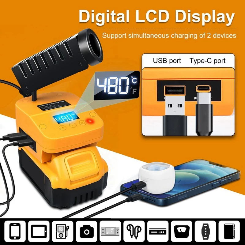 Cordless Soldering Station For Dewalt 20V Battery Portable Digital Display Soldering Iron Station With USB&Type-C Port