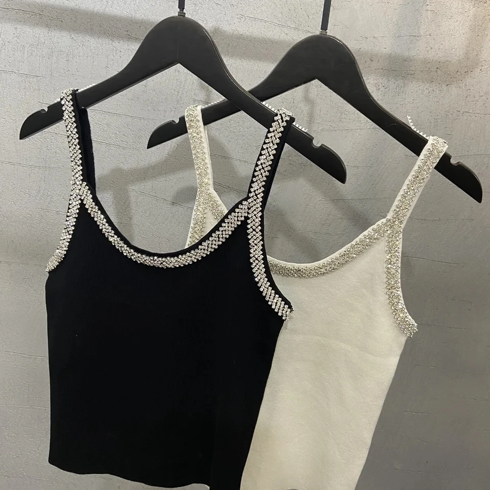 2024SS Summer Luxury New Women High Quality Diamonds Vest Female Casual Tank Tops Camis 2 Color