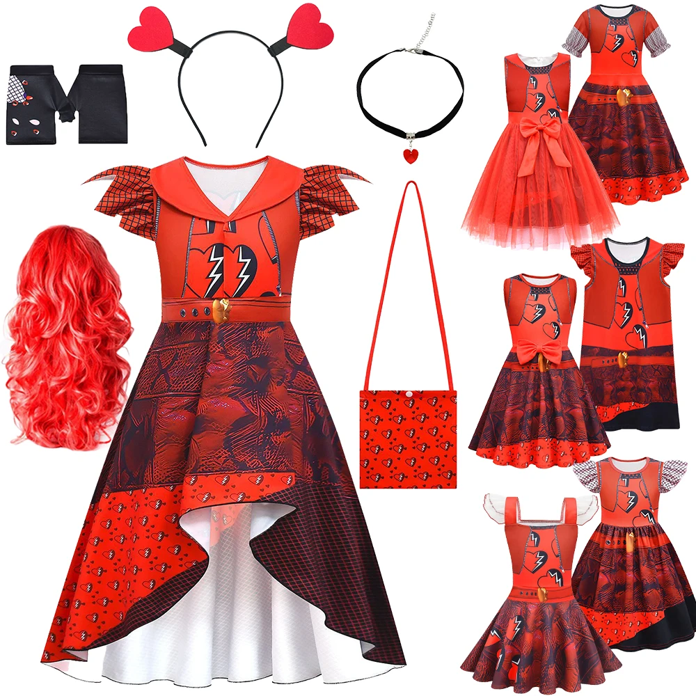 

Queen of Hearts Descendants 4 the Rise of Red Halloween Party Red Costume Carnival Girls Princess Dress Up Fancy Wig Necklace