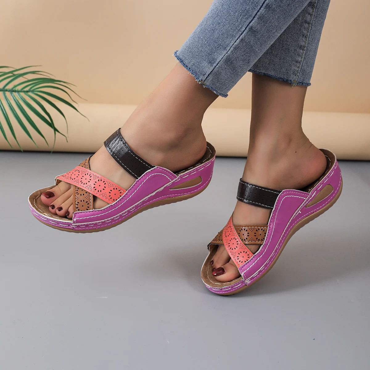 Women Wedges Slippers 2024 Summer New Orthopedic Open Toe Sandals Vintage Leather Casual Female Platform Slippers Slides Women