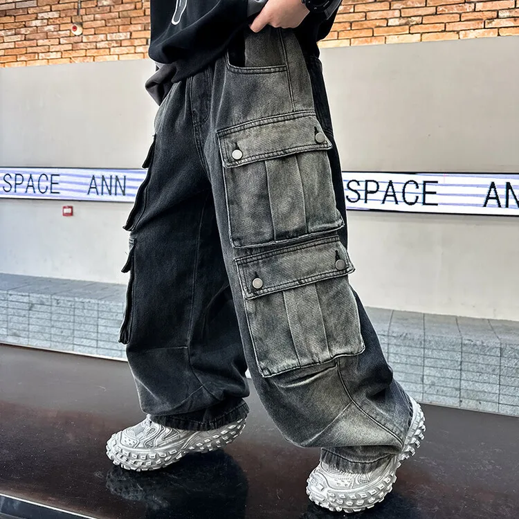 Boys Casual gradient Cargo Jeans With Multi Pocket  Loose Style Teenage Child Denim Pants High Fashion Kids Hip pop Trousers