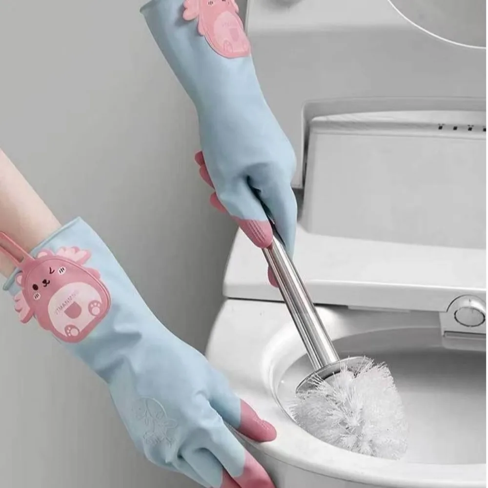 Non-Slip Dishwashing Gloves Tear-Resistant Cartoon Bear Household Gloves Reusable Hanging Laundry Cleaning Gloves Laundry