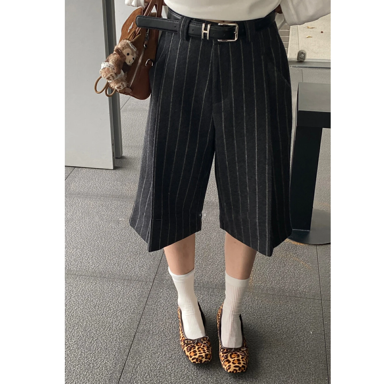 

Ele ey Bla полосатый винтажный повседневный брюки с высокой талией женский костюм пятиконечный осенне-зимний дизайн Sensation Wind