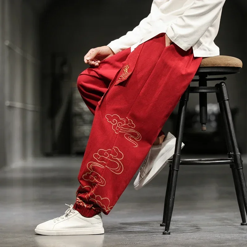 Chinese Style Retro Auspicious Clouds Print Pants Men Clothing Autumn Fashion Clothes Loose Casual Hemp Harem Pants