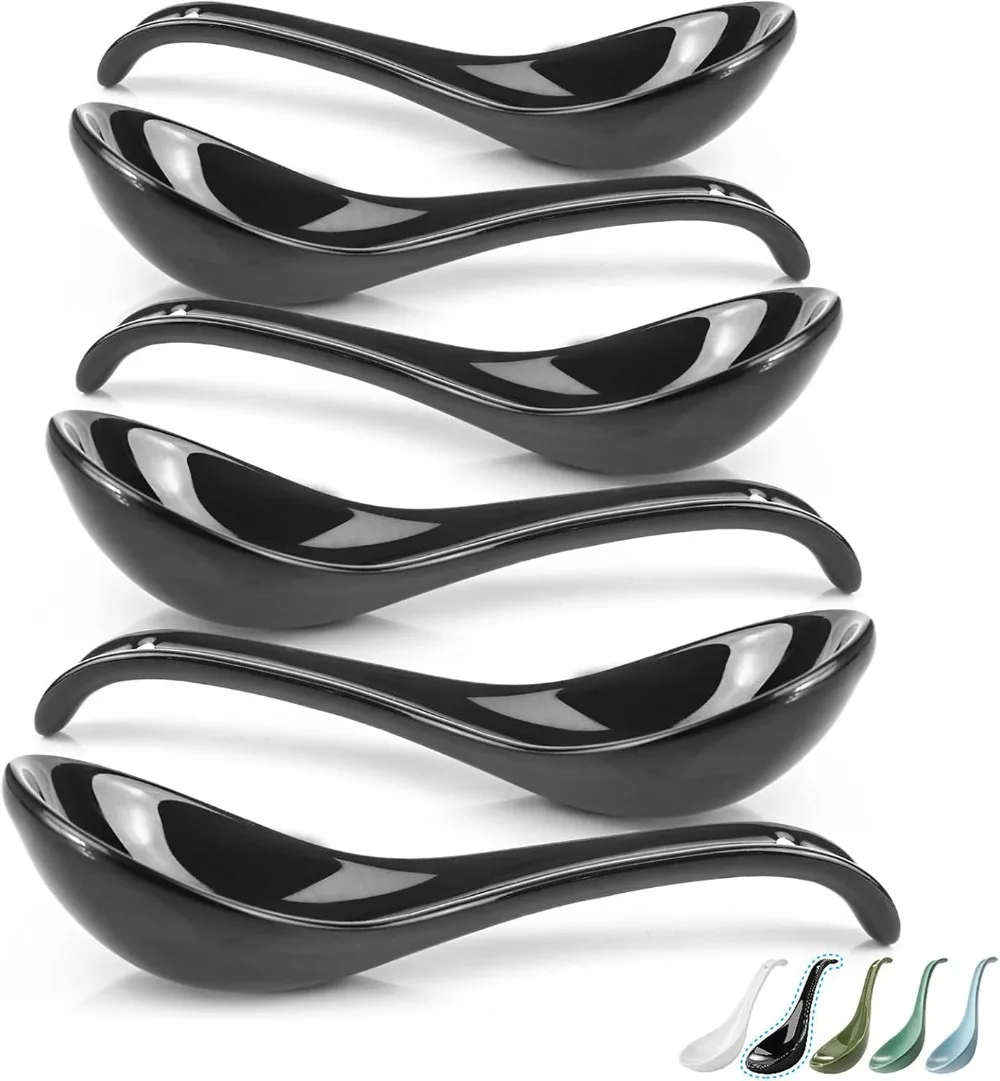 Juego de 6 cucharas de sopa asiáticas de porcelana negra – Cuencos profundos de 6,75" para sopa de ramen, pho, wonton y miso
